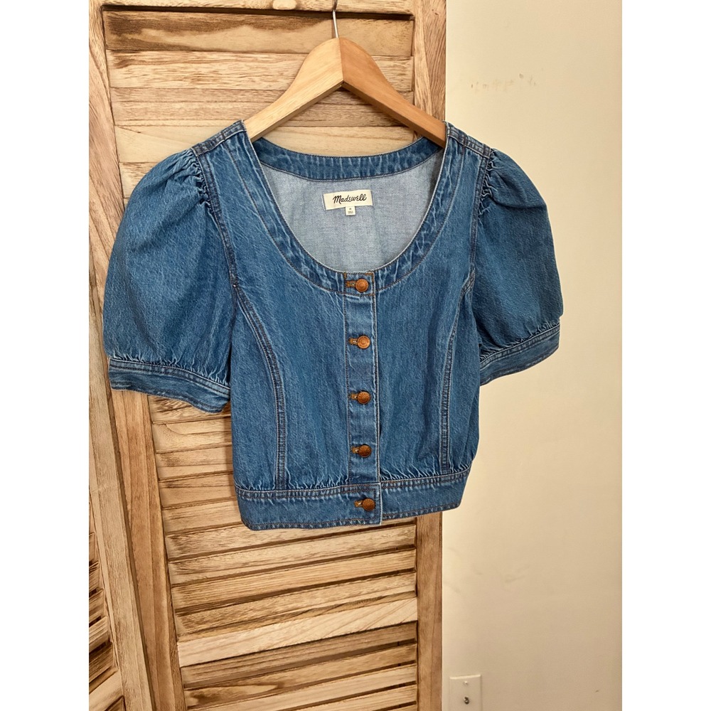 Madewell Denim Puff Sleeve Button Front Crop Top Indigo Blue Size M